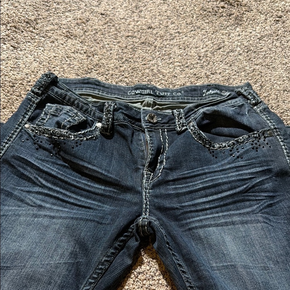 Cowgirl Tuff Women’s Dark Blue Bootcut Jeans with Embellished Pockets